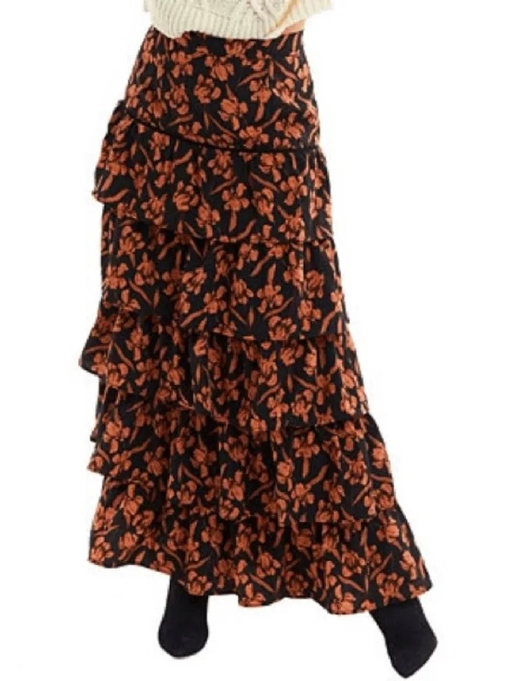 Allison New York Burnt Orange and Black Floral Tiered Maxi Skirt Size Small